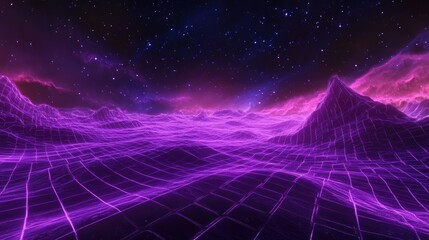 Poster - Abstract ultraviolet landscape in a dark background featuring a 3D cartoon rendering of a purple cyberspace grid and a hi tech network along with a violet starry outer space texture Vertical image