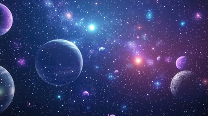 Aufkleber - 2D illustration featuring a 3D cartoon rendering of vast deep space encompassing stars planets and moons Various imaginative science fiction backdrops and alien solar systems create a realistic at