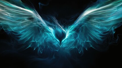 Poster - Abstract pattern of colored smoke backlit in blue and turquoise forms the head of a mystical creature with wings in a 3D cartoon rendering against a black isolated background symbolizing soul and 