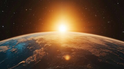 Poster - Beauty of Earth at sunrise in a 3D cartoon rendering Science fiction space wallpaper featuring stunning planets galaxies and the dark cold allure of the infinite universe
