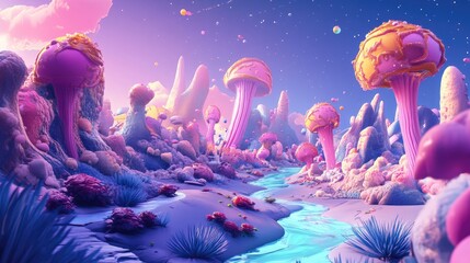 Aufkleber - 3D illustration composition of an alien world in a cartoon rendering