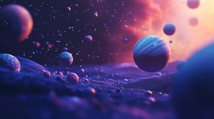 Fototapete - 3D render showcasing the beauty of deep space with planets and stars in a cartoon style