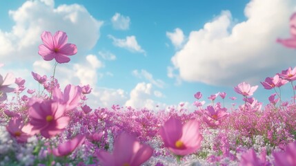 Poster - Cosmos flower field with mockup and copy space in 3D cartoon rendering