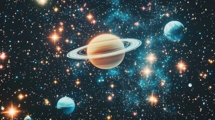 Aufkleber - 2D illustration featuring a 3D cartoon rendering set against a realistic star pattern background in empty interstellar space Includes bright flashing stars planets moons and various imaginative sc