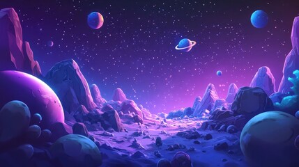 Aufkleber - 2D illustration in a 3D cartoon rendering style featuring a deep vast space with stars planets and moons A variety of imaginative science fiction backdrops and alien solar systems create a realist