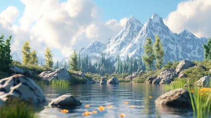 Aufkleber - 3D generated mountain scene in a 3D cartoon rendering