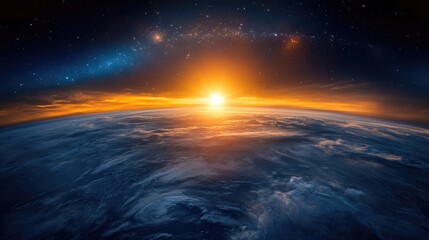 Aufkleber - Beautiful Earth depicted in a 3D cartoon rendering Panoramic perspective of the planet sun stars and galaxy Sunrise viewed from space