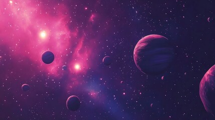 Poster - 2D illustration featuring a 3D cartoon rendering of a vast deep space scene Bright stars planets and moons create various science fiction inspired backdrops Space art showcasing alien solar system