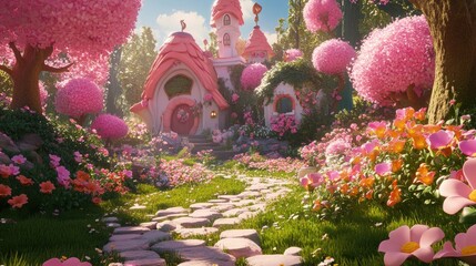 Poster - Pink flowers and garden in a 3D cartoon rendering
