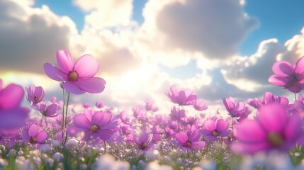 Poster - Cosmos flower field with mockup and copy space in 3D cartoon rendering