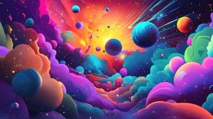 Poster - Spectacular multicolored illustration featuring particles and rays accompanied by abstract forms and planets depicting a science theme with an explosion of stars in space created through 3D cartoo