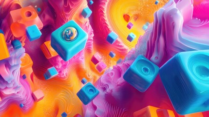 Aufkleber - Extruded abstract fractal background featuring a 3D cartoon rendering Modern art painting with futuristic wavy fractal elements Trendy desktop wallpaper showcasing colorful 3D rendered cubes and s