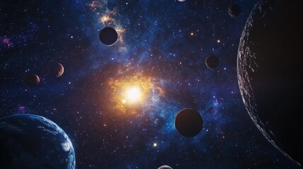 Aufkleber - Cartoon rendering in 3D of galaxies stars and planets in outer space displaying the wonders of space exploration
