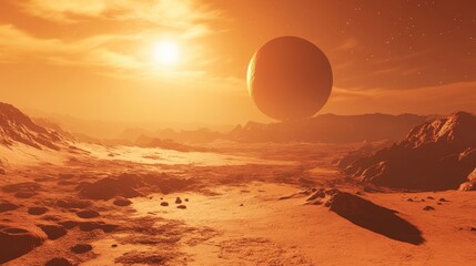 Aufkleber - 3D rendering of a space scene featuring a red planet during sunset