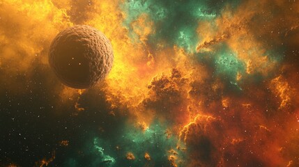 Poster - Colorful fractal nebula with planet in a 3D cartoon space background
