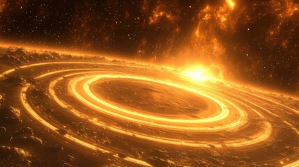 Poster - Glowing rings of a gas giant in a 3D cartoon rendering featuring an impressive science fiction wallpaper and cosmic landscape