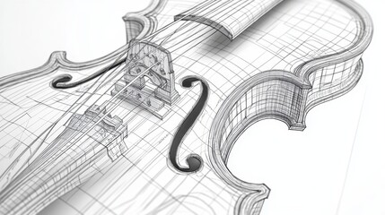 Poster - Realistic line art of a violin, each string and curve drawn with precision on white