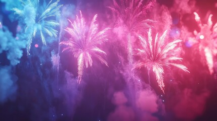 Aufkleber - Colorful pyrotechnics display in a 3D cartoon rendering featuring abstract fireworks against a dark sky with clouds for festival celebrations