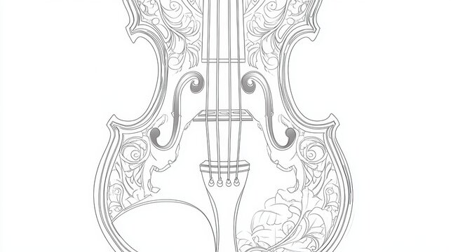 Realistic line art of a violin, each string and curve drawn with precision on white