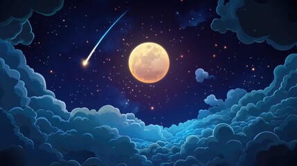 Poster - Full Moon Milky Way and shooting star in a dark sky with clouds in a 3D cartoon rendering