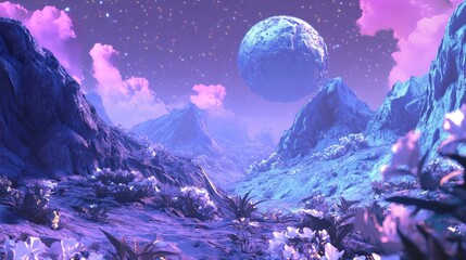 Aufkleber - Alien planet landscape in a 3D cartoon rendering featuring a science fiction illustration with a stunning view and a beautiful space background