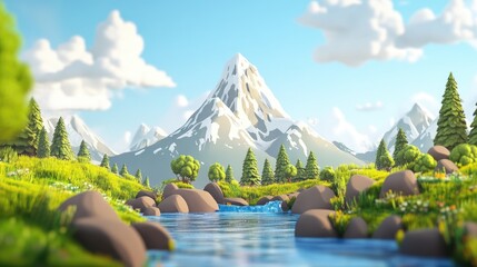Aufkleber - Beautiful nature scenery featuring a mountain in a 3D cartoon rendering