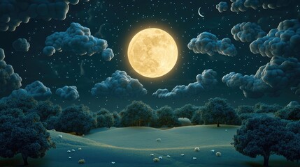 Poster - Full moon day in a 3D cartoon rendering illuminated by moonlight