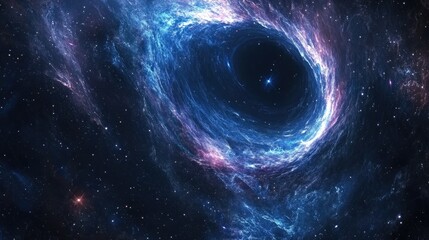 Poster - 3D cartoon illustration featuring a black hole vibrant stars in the depths of space a cool blue nebula and a dark night sky amidst interstellar darkness