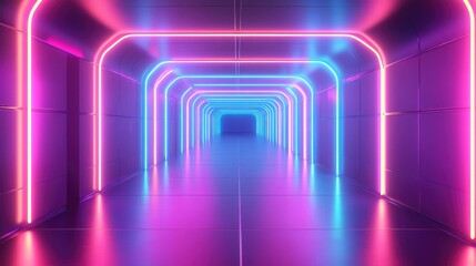 Aufkleber - Neon lights grid net cyber retro tunnel graphics illustration background in a 3D cartoon rendering showcasing a new quality futuristic vintage style cool and visually appealing stock image