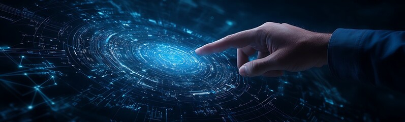 Poster - A human hand reaches towards a luminous, swirling galaxy of particles, creating a sense of connection with the cosmos in a digital, futuristic environment.