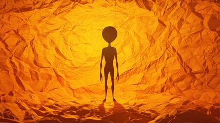 Poster - Silhouettes of an alien on a background of crumpled orange paper in a 3D cartoon rendering