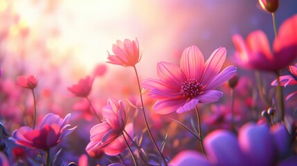 Poster - Pink and red Cosmos bipinnatus flowers Garden cosmos or Mexican aster in the fields illuminated by morning light depicted in a 3D cartoon rendering Blurred image