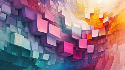 Poster - Extruded abstract fractal background with a futuristic wavy design Modern art painting featuring trendy desktop wallpaper elements showcasing colorful 3D rendered cubes and squares