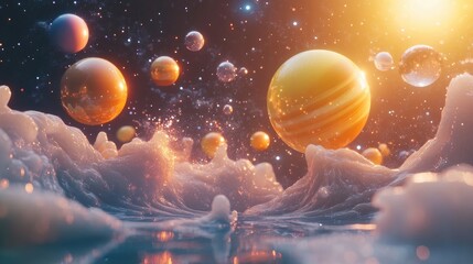 Poster - Abstract background in a 3D cartoon rendering featuring shiny futuristic shapes wave illustrations and an explosion of stars alongside planets in a distant solar system