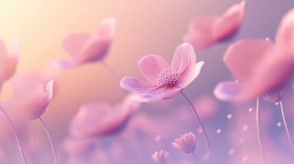 Poster - Blooming cosmos flowers in motion blur with gradient filter effect depicted in 3D cartoon rendering