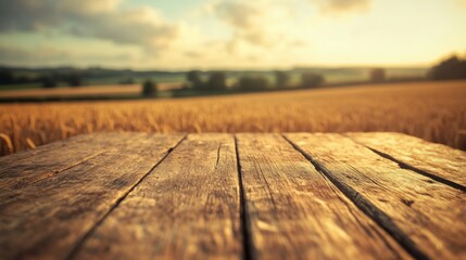 Wall Mural - A rustic wooden table stands in a golden wheat field, bathed in the warm glow of the setting sun, perfect for gatherings and relaxation