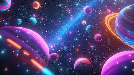 Poster - 2D illustration featuring a 3D cartoon rendering set against a realistic star pattern background in empty interstellar space Includes bright flashing stars planets moons and various imaginative sc