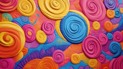 Poster - Psychedelic swirls in a vibrant 3D cartoon rendering Nature dyeing with bright colors Vivid fabric texture reminiscent of 50 s wallpaper and spiral patterns