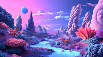 Aufkleber - Fantasy Alien Landscape 3D Cartoon Rendering