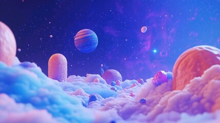 Poster - Cartoon rendering in 3D of a nebula and the universe featuring a blue background