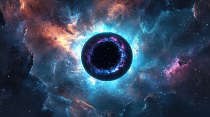 Poster - 3D cartoon illustration featuring a black hole vibrant stars in the depths of space a cool blue nebula and a dark night sky amidst interstellar darkness