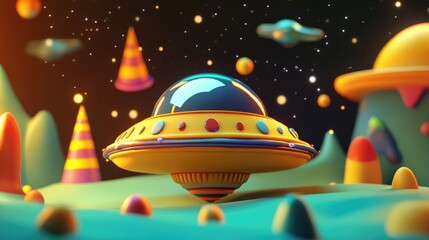 Aufkleber - Colorful funny cartoon scene of an alien UFO in a cosmic setting rendered in 3D designed for kids