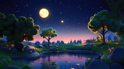 Aufkleber - Night landscape in 3D cartoon rendering