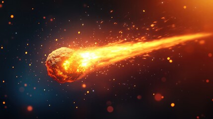 Aufkleber - Fire comet flying in 3D cartoon rendering featuring shining lights in motion alongside small particles and a plasma ring against a dark background Abstract design
