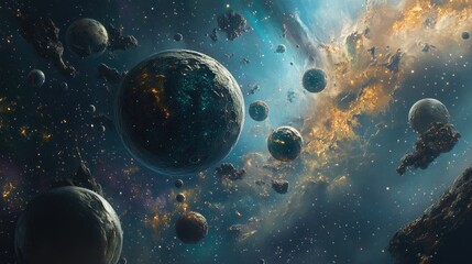 Aufkleber - 3D cartoon depiction of deep space planets in a galaxy featuring a beautiful science fiction wallpaper focused on physical cosmology