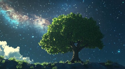 Aufkleber - 3D cartoon rendering of a tree beneath the Milky Way galaxy and star filled skies