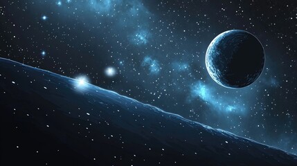 Aufkleber - 3D cartoon depiction of a dark interstellar space featuring a deep night sky cold blue nebula and distant stars