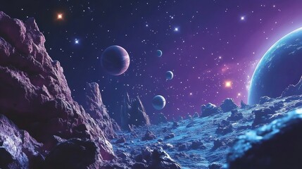 Aufkleber - 2D illustration in a 3D cartoon rendering style Cartoon drawing style featuring deep interstellar space with stars planets and moons Various imaginative science fiction backgrounds and space art C