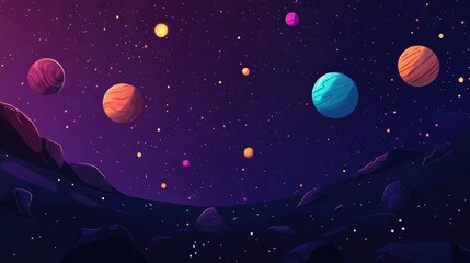 Aufkleber - 2D illustration featuring a vast space scene with bright stars planets and moons Includes various science fiction inspired backdrops alien solar systems and a realistic cosmic background