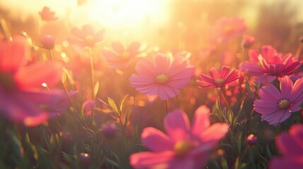 Poster - Pink and red Cosmos bipinnatus flowers Garden cosmos or Mexican aster in the fields illuminated by morning light depicted in a 3D cartoon rendering Blurred image